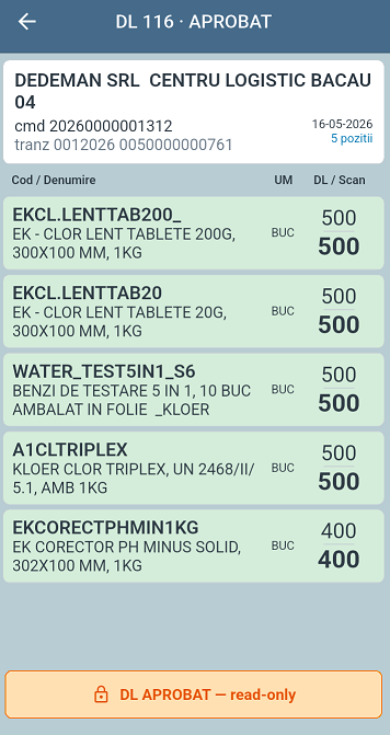 Ecran detaliu DL aprobat cu banner read-only
